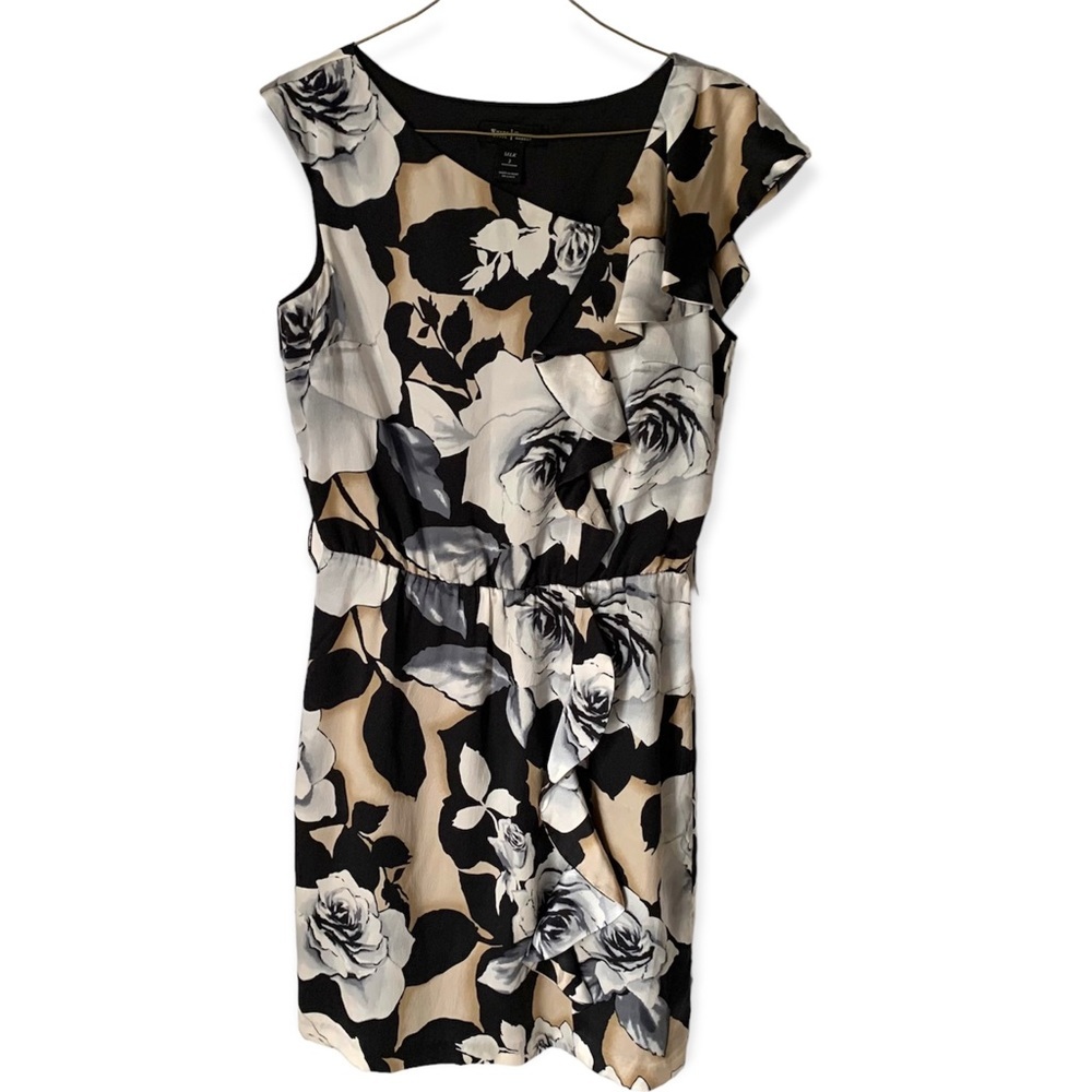 WHBM 100% Silk Rose Pattern Ruffle Shoulder Mini Dress EUC Women’s Size - 2